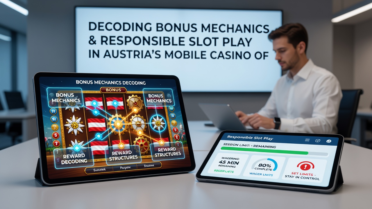Player reviewing bonus terms and responsible gaming settings on a smartphone in an Austrian mobile casino environment