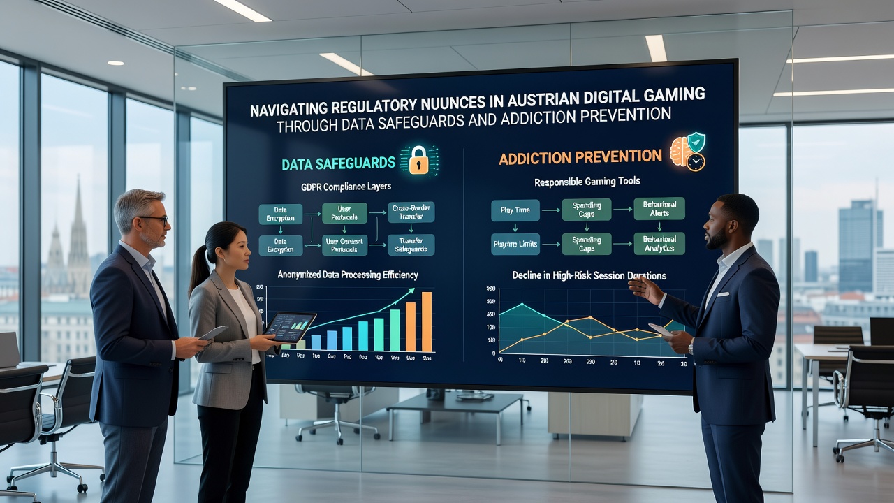 Data analysts examining gambling behavior metrics on secure screens while addiction prevention dashboards display real-time alerts